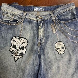 Vintage Kippy’s Rhinestone Skull Jeans – Swarovski Crystal, Size 10